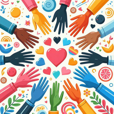 Hands of different races around the heart. Colorful vector illustration.のイラスト素材