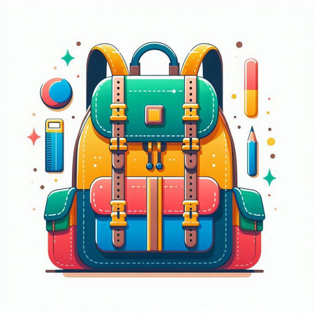 Colorful backpack with school supplies on white background. Vector illustration.のイラスト素材