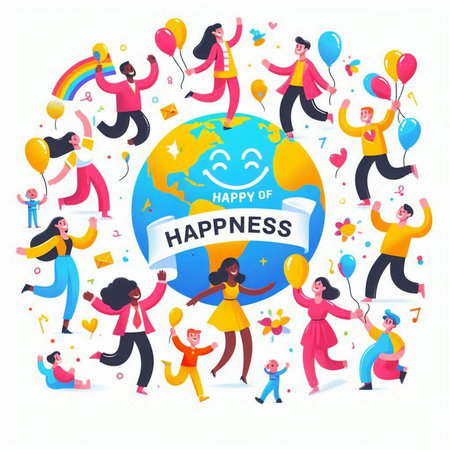 Happy international day of happiness concept with happy people around planet earth with balloons.のイラスト素材