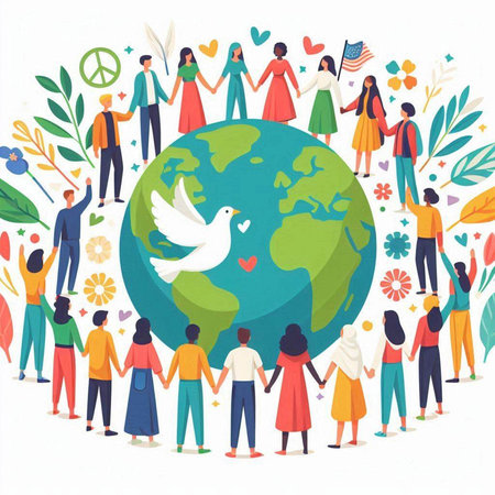 International Day of Peace. Group of people around the globe. Vector illustration.のイラスト素材
