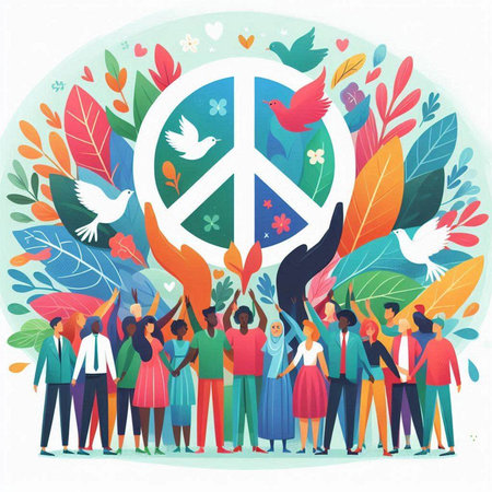 World peace day concept. Crowd of people with peace symbol. Vector illustrationのイラスト素材