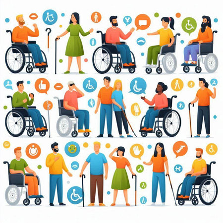 Disabled people in different situations. Man and woman on wheelchair, man and woman in wheelchair. Disabled people, handicapped people vector illustrationのイラスト素材