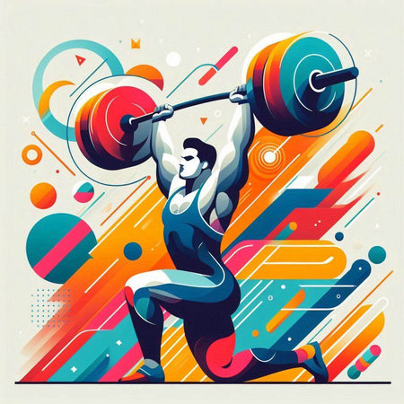 Vector illustration of a strong man lifting a barbell on colorful backgroundのイラスト素材