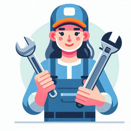 Female mechanic holding a spanner. Vector illustration in a flat styleのイラスト素材