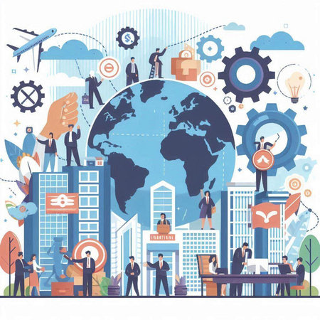 Vector illustration of business people around the world. Teamwork concept.のイラスト素材