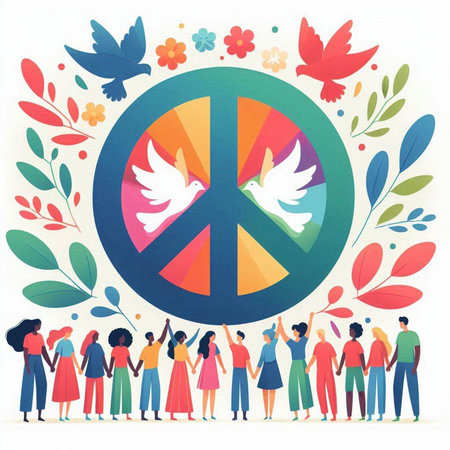 Peace symbol with people around. World peace day concept. Vector illustration.のイラスト素材
