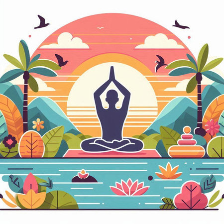 Vector illustration of yoga on the seashore in a flat style.のイラスト素材