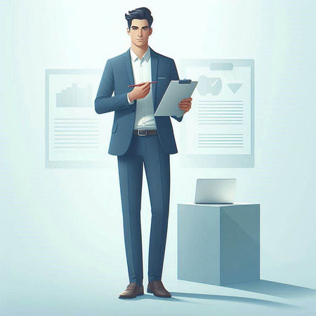 Illustration of a handsome businessman standing in front of a presentation boardのイラスト素材