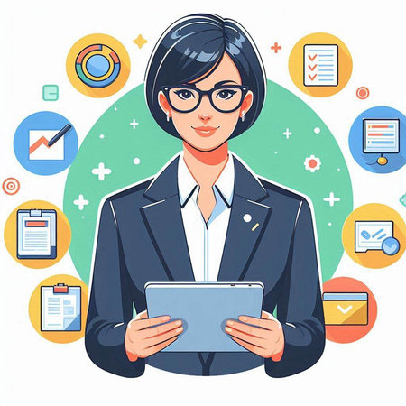 Young businesswoman with tablet computer. Vector illustration in cartoon style.のイラスト素材