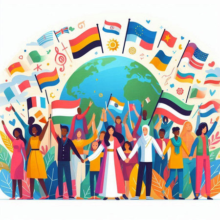 Group of young people holding flags of countries around the world. Vector illustration.のイラスト素材