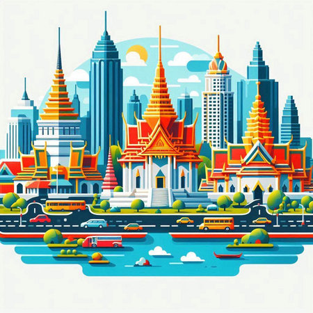 Thailand cityscape with famous landmarks, vector illustration in flat styleのイラスト素材