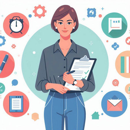 Business woman writing on clipboard. Vector illustration in flat cartoon style.のイラスト素材