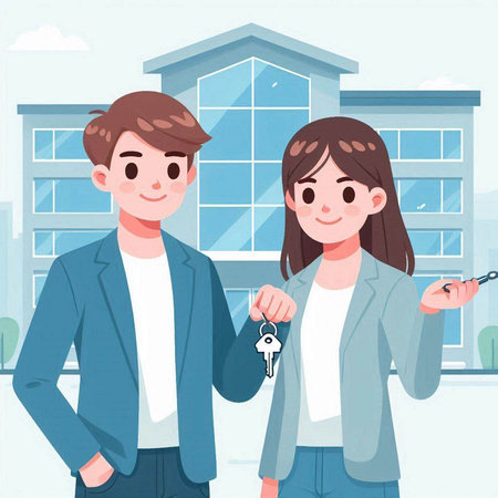 Real estate agent and customer with keys. Vector illustration in cartoon styleのイラスト素材