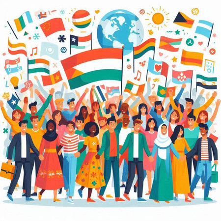 Group of happy people holding flags of different countries. Vector illustration.のイラスト素材