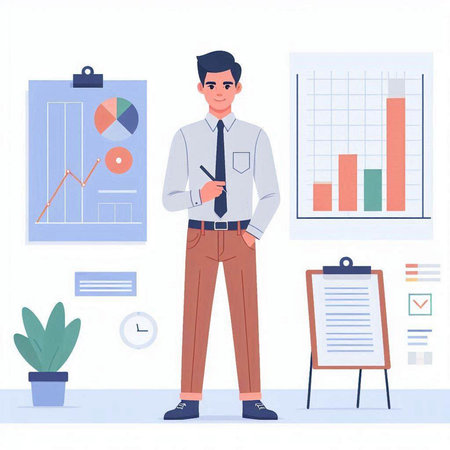 Businessman standing in the office. Vector illustration in a flat styleのイラスト素材