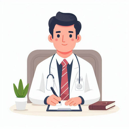 Doctor sitting at the table and writing prescription. Vector illustration in cartoon style.のイラスト素材