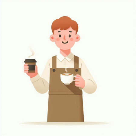 Barista holding a cup of coffee. Vector illustration in cartoon style.のイラスト素材