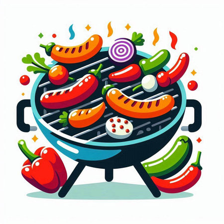 Vector illustration of barbecue grill with vegetables and meat on white background.のイラスト素材