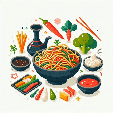 Noodles in a bowl with chopsticks, vegetables and sauce. Vector illustration.のイラスト素材