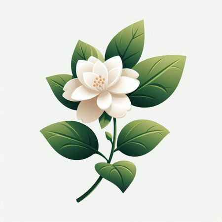 Jasmine flower with leaves on white background. Vector illustration.のイラスト素材