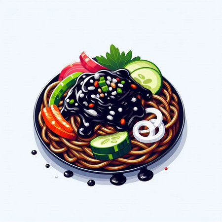Soba noodles with korean sauce and vegetables, vector illustration.のイラスト素材