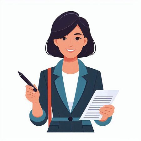 Smiling business woman with pen and document. Vector illustration in cartoon styleのイラスト素材
