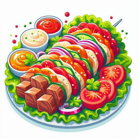 Skewers with vegetables on a plate. Vector illustration.のイラスト素材