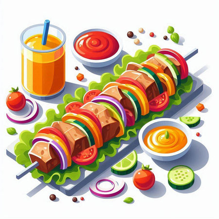 Shish kebab on skewers with vegetables, tomato, onion and sauce. Isometric vector illustration.のイラスト素材