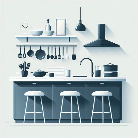 Kitchen interior design with furniture and equipment. Vector illustration in retro style.のイラスト素材