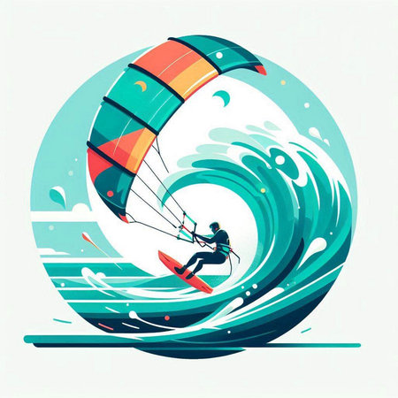 Kitesurfing vector illustration. Kitesurfer in the waves.のイラスト素材