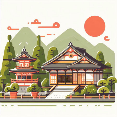 Japanese temple in the mountains. Vector illustration in a flat style.のイラスト素材