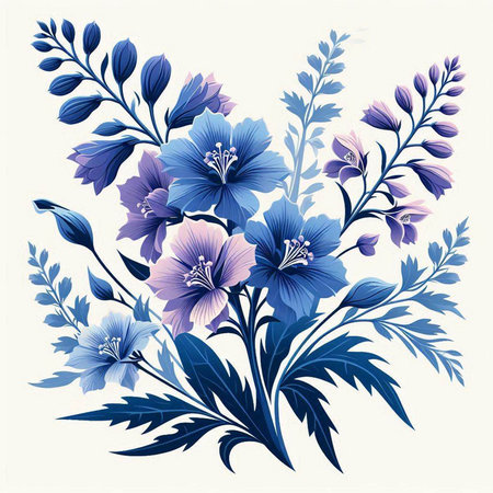 Vector illustration of blue hibiscus flowers in retro style.のイラスト素材