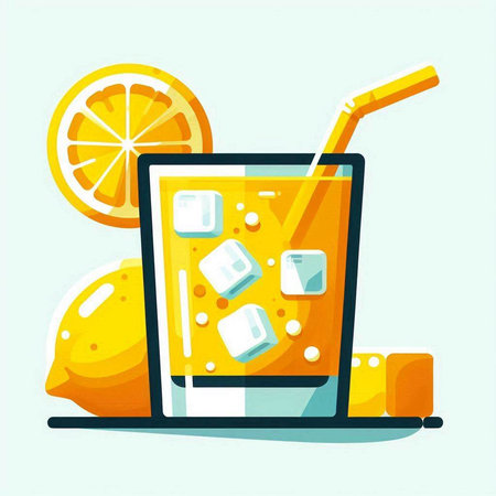 Lemonade with ice cubes and lemon slice. Vector illustration.のイラスト素材