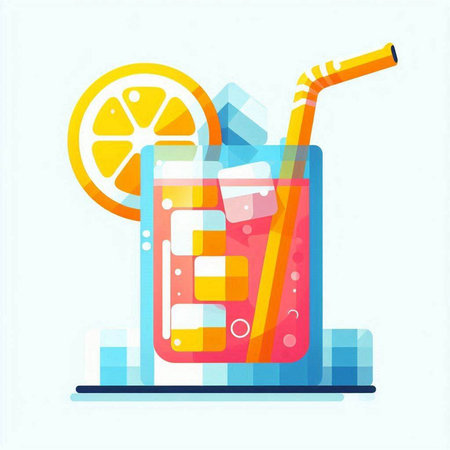 Lemonade with ice and straw. Flat style vector illustration.のイラスト素材