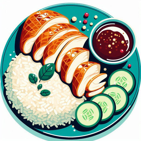Illustration of a plate of chicken and rice with sauce and cucumberのイラスト素材