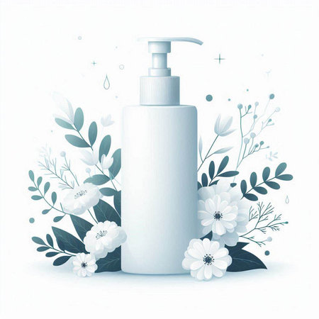 Vector illustration of cosmetic bottle with floral elements on white background. Skin care conceptのイラスト素材