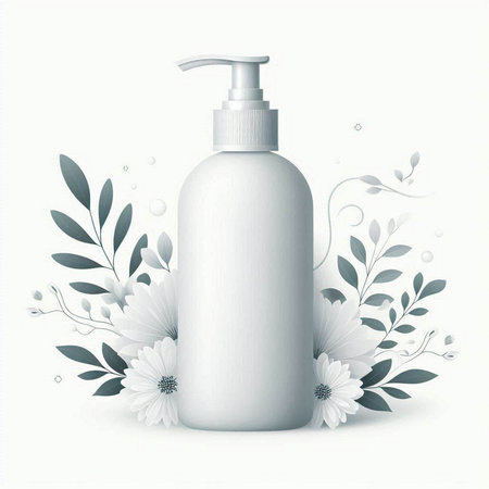 Cosmetic bottle with floral elements on white background. Vector illustration.のイラスト素材