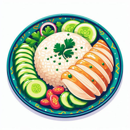 Illustration of a plate of boiled rice with chicken and cucumberのイラスト素材