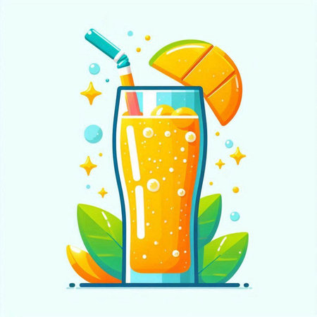 Orange juice in a glass with a straw. Vector illustration in flat style.のイラスト素材