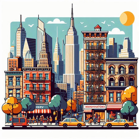 New York city street. Cityscape with skyscrapers. Vector illustration.のイラスト素材