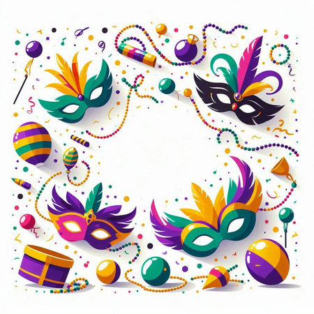 Mardi Gras background with carnival masks and party elements. Vector illustration.のイラスト素材