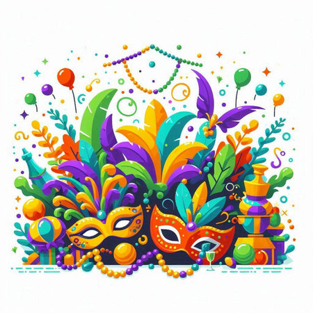 Mardi Gras festive background with carnival masks. Vector illustration.のイラスト素材