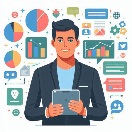 Young man with tablet and social media icons. Vector illustration in flat styleのイラスト素材