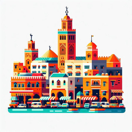 Colorful islamic buildings on the street. Vector illustration.のイラスト素材