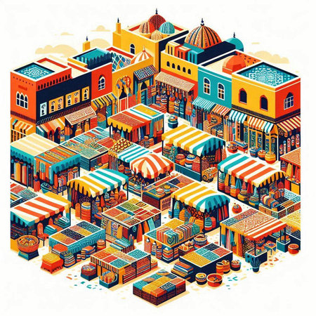 Colorful isometric city with shops and restaurants, vector illustration.のイラスト素材
