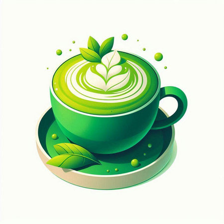 Green tea latte with leafs on a white background. Vector illustration.のイラスト素材