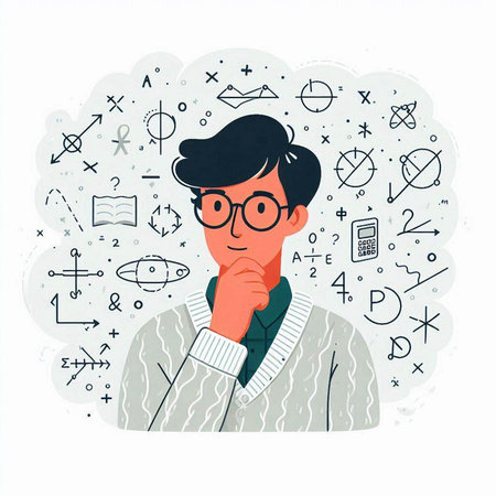 Vector illustration of a man thinking about science, physics, chemistry.のイラスト素材
