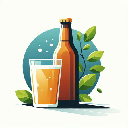 Bottle of beer and glass with fresh juice. Vector illustration.のイラスト素材
