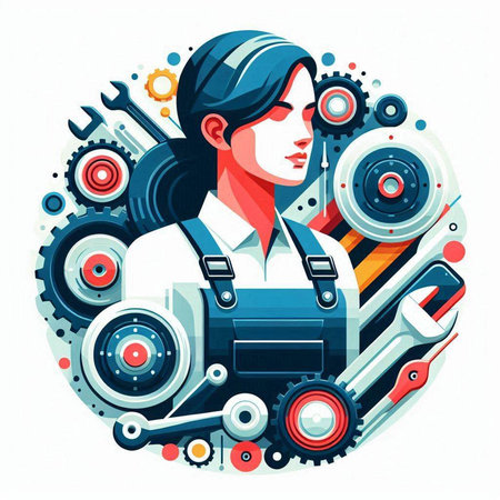 Vector illustration of female mechanic with tools in flat style on white background.のイラスト素材