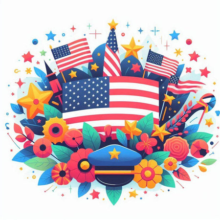 Patriotic background with american flag and flowers. Vector illustration.のイラスト素材